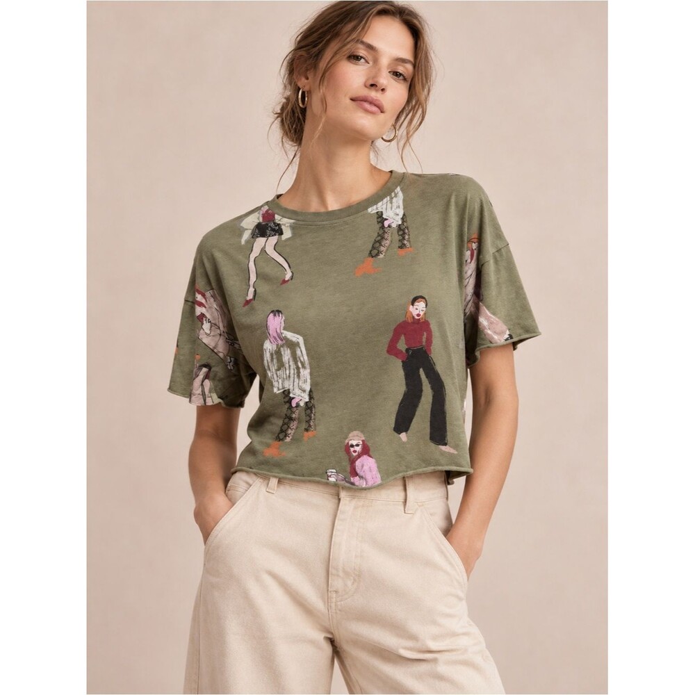 Zara Graphic Cropped T-Shirt Women’s S Olive Green Fashion Illustration Artsy
